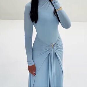 Elegant Light Blue Bodycon Long Sleeve Draped Maxi Dress